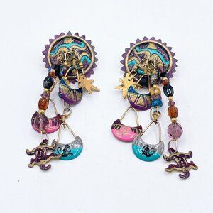 Lunch At The Ritz Vintage Artisan Earrings Sunburst Design Colorful Dangles & Ch